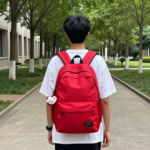 我买了一个新的红色背包去上学。