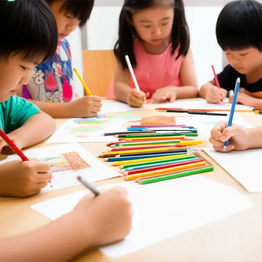 孩子们用彩色铅笔完成了他们的绘画作业。