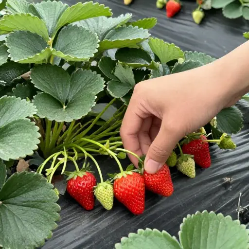 有很多漂亮、熟透的红草莓，我忍不住摘了一个。