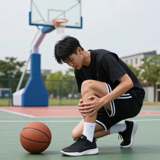 他在打篮球时伤了膝盖。
