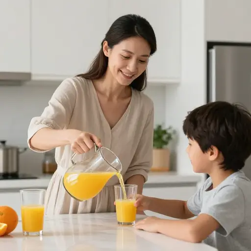 妈妈让我把果汁加点水稀释一下，这样不会太甜。