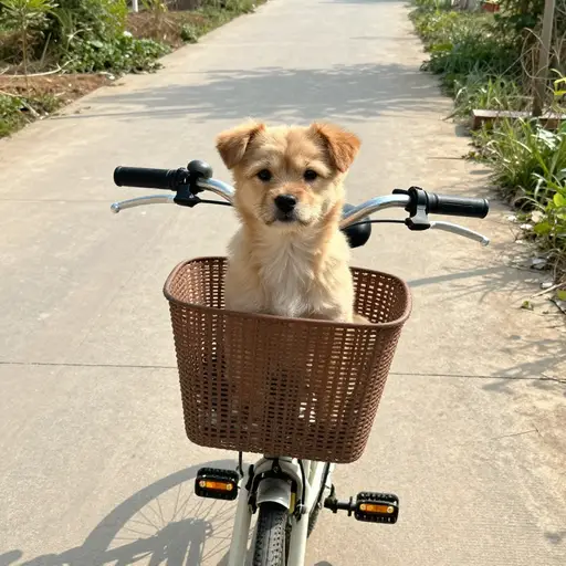 Max 坐在自行车前部的篮子里。