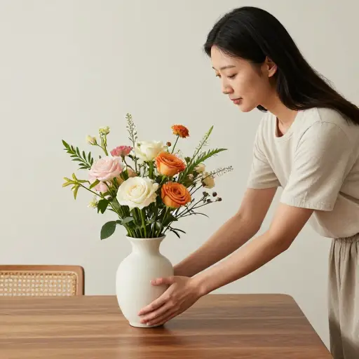 她把花瓶放在桌子上。