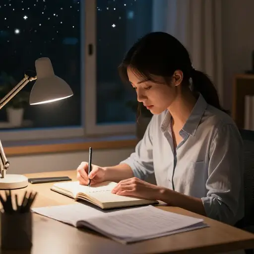 即使在午夜，她也完全清醒地复习笔记。