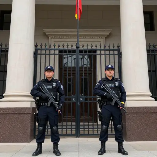 武装警察守卫着大使馆的主入口。