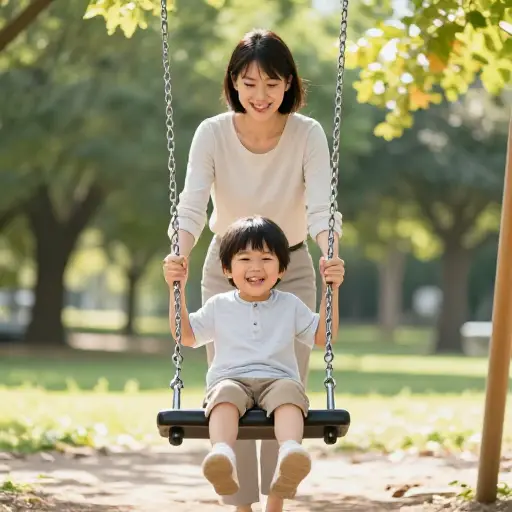 孩子让妈妈推他荡秋千。