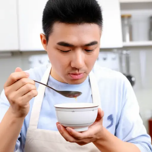 他尝了一小口汤看看是否需要加盐。