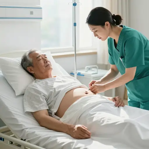腹部手术后四小时之内，病人的小腹迅速肿胀起来。