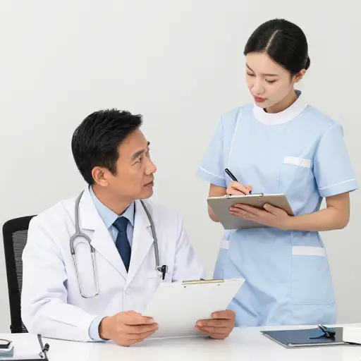 医生正在给护士做听写，让她记录病人的病历。