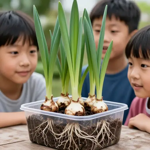 在透明塑料盒中种植球茎，这样孩子们就能看到根部的生长。