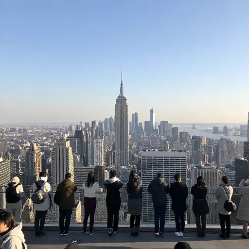 游客们在观景台上欣赏城市的全景。