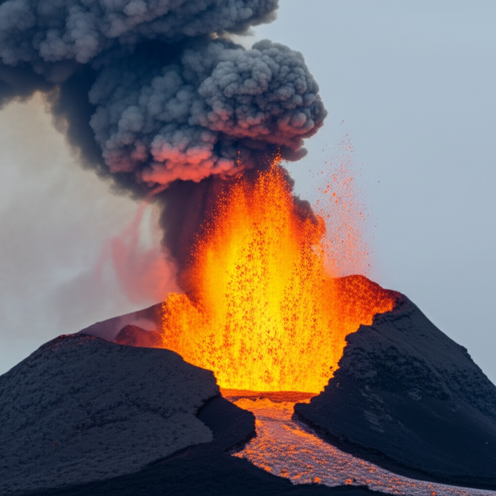 滚烫的熔岩从火山口流出。