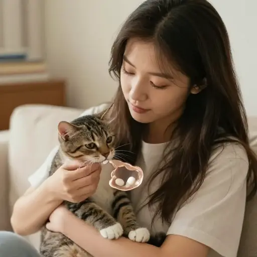 她耐心地照料这只生病的小猫，使它恢复健康。