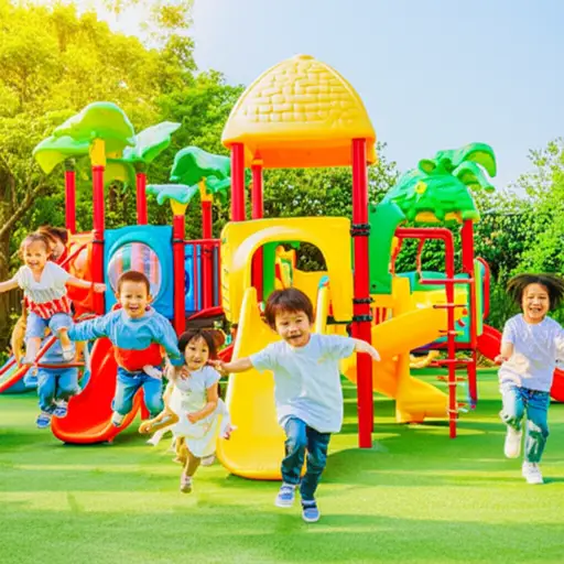 孩子们在公园里蹦蹦跳跳，从这个游乐设施跑到那个。
