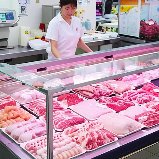 这家超市的肉类柜台有各种各样的新鲜肉品。