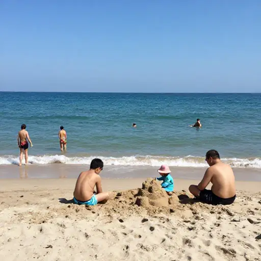 许多家庭在暑假期间去海边。
