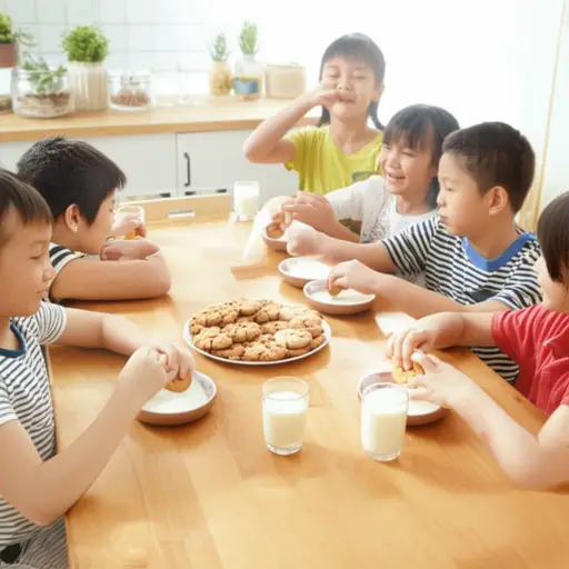 孩子们喜欢用牛奶蘸着吃热乎乎的饼干。