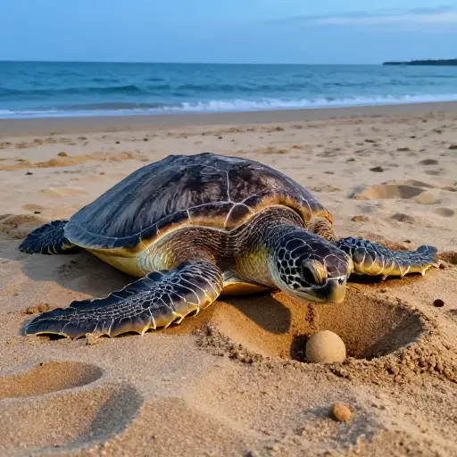海龟小心翼翼地将卵埋在温暖的沙子里，然后返回大海。