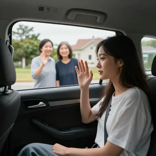 爱丽丝迅速上车，悲伤地向父母挥手，而娜塔莉开车离开。