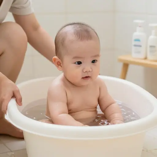 宝宝被脱光衣服准备洗澡。