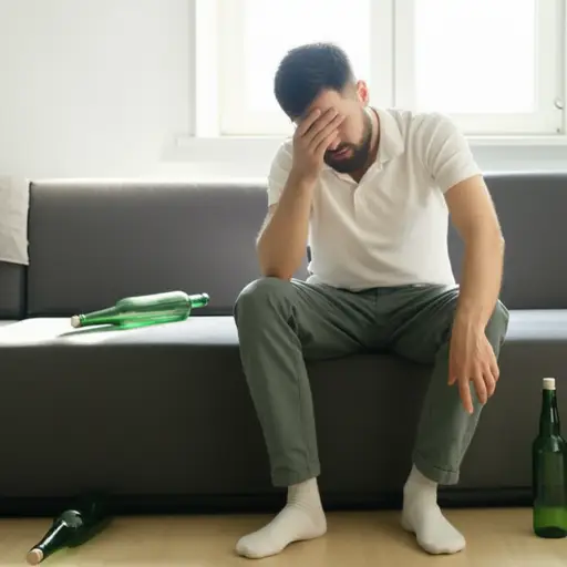昨晚他喝得太多了，现在整个人都垮了。