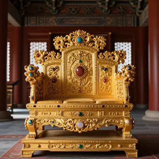 古代国王的宝座由纯金雕刻而成，并装饰着宝石。
