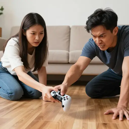 他从她手中夺过控制器，扔在地板上。