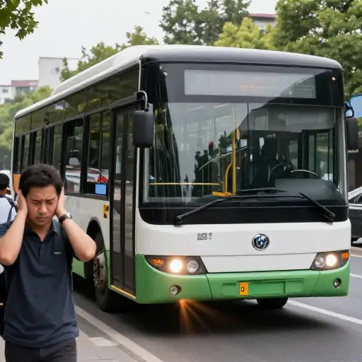 公共汽车的引擎声音很大。