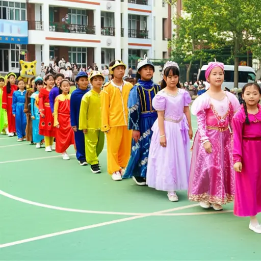 学校举办的化妆游行活动上，孩子们穿着童话人物的服装表演了一场精彩的盛装游行。