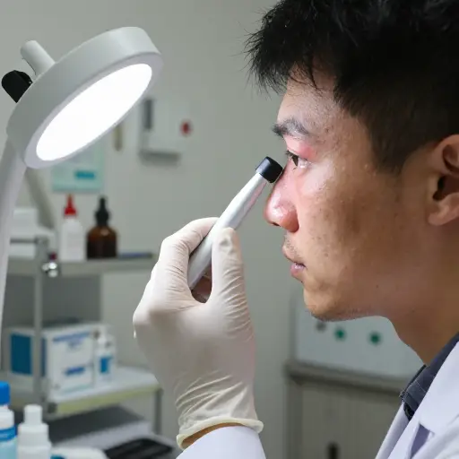 医生检查了患者眼眶周围的肿胀情况。