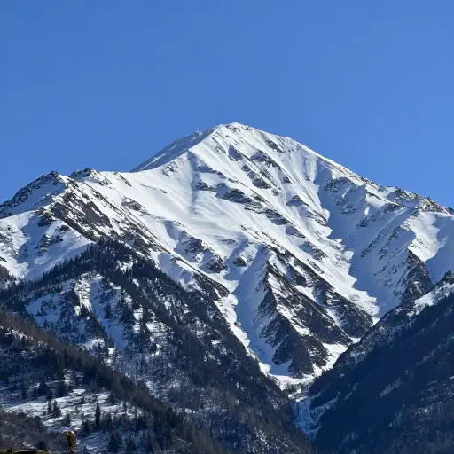 阳光明亮地照耀在白色的山顶上。
