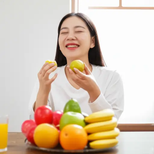 她每天早上都吃水果来保持健康。