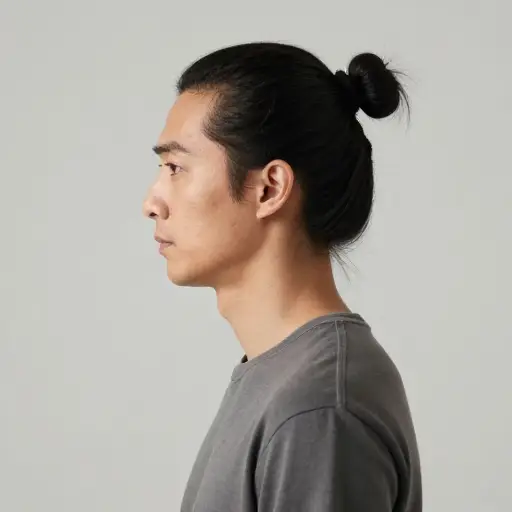 他通常把头发扎成发髻。