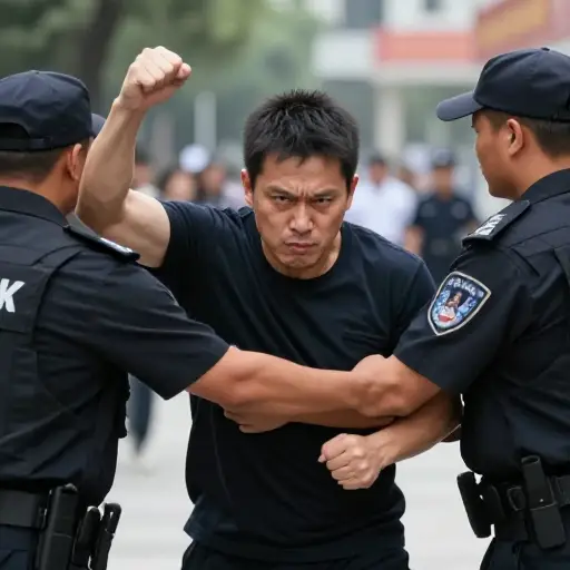 他变得暴力起来，不得不被强行制止。