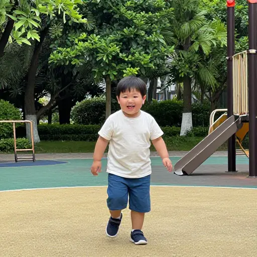 那个稍胖的孩子喜欢在公园玩耍。