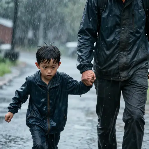暴风雨中，小男孩紧紧抓住父亲的手臂。