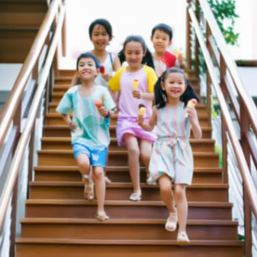 孩子们兴奋地冲下楼梯去吃冰淇淋。