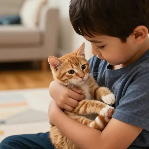 孩子伸出手，抱起了小猫。