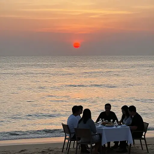我们在海滩度过了完美的一天：阳光、海浪，而最棒的是，还有一场美丽的日落晚餐。