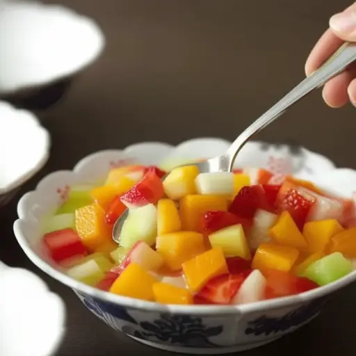 请把水果沙拉装在这几个碗里。