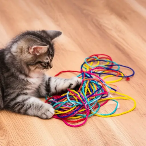 那只小猫正在玩一团毛线。