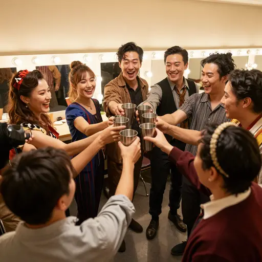 演员们走下舞台，举起锡杯大口畅饮麦芽酒庆祝首演之夜。