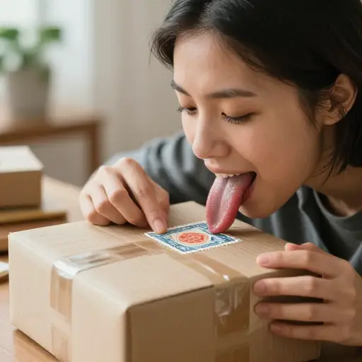 她舔了舔邮票并把它们贴在包裹上。