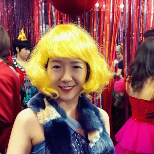 她戴着金色假发参加化妆舞会。