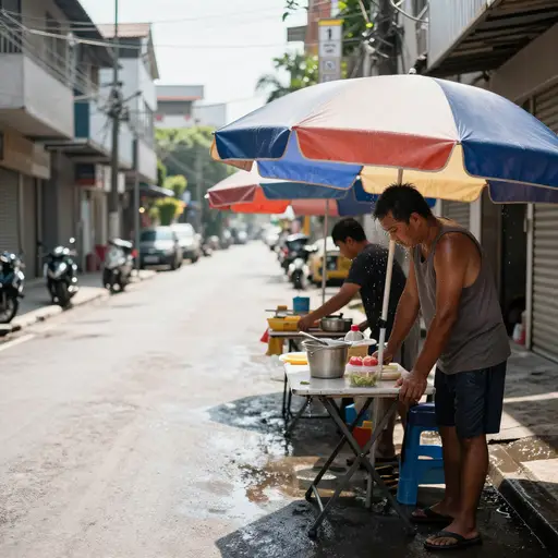 正午的酷热迫使街头摊贩提前收摊。