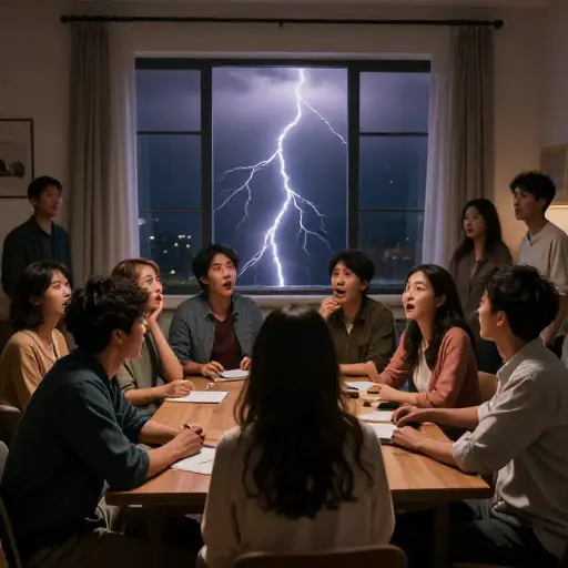 突然，我们听到一声雷鸣，所有人都猛地站了起来。