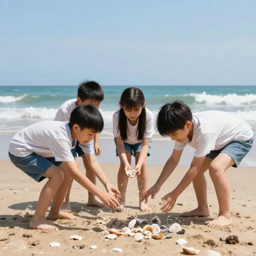 孩子们在沙滩上为了一只贝壳展开了激烈的争抢。