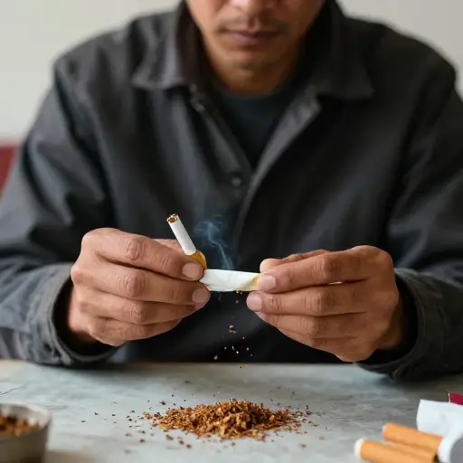他正在卷一支香烟。