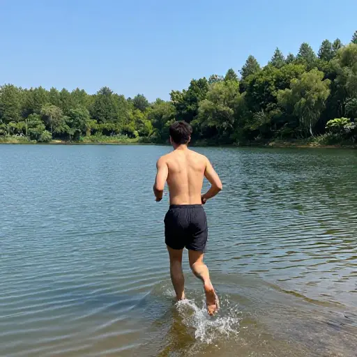 那个赤裸的男人跑进湖里凉快一下。