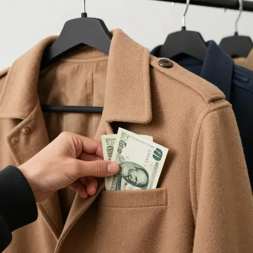 我在外套口袋里意外发现了一些钱。